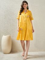 Women Floral Embroidered Cotton Shirt Collar Shirt Dress