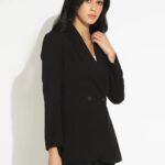 SHOWOFF Women Black Double-Breasted Blazer with Shoulder Pads