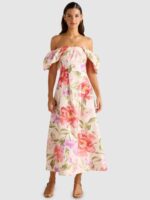 Women Floral Printed Off-Shoulder Fit and Flare Midi Dress