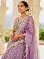 Purple Embroidered Sequinned Satin Silk Ready To Wear Lehenga & Choli With Dupatta - Image 2